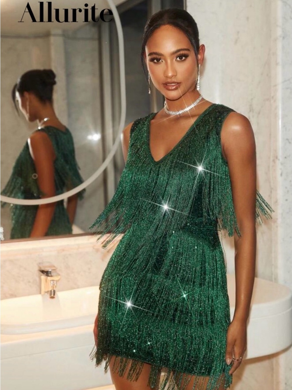 SHEIN Green Fringe V-Neck Mini Dress